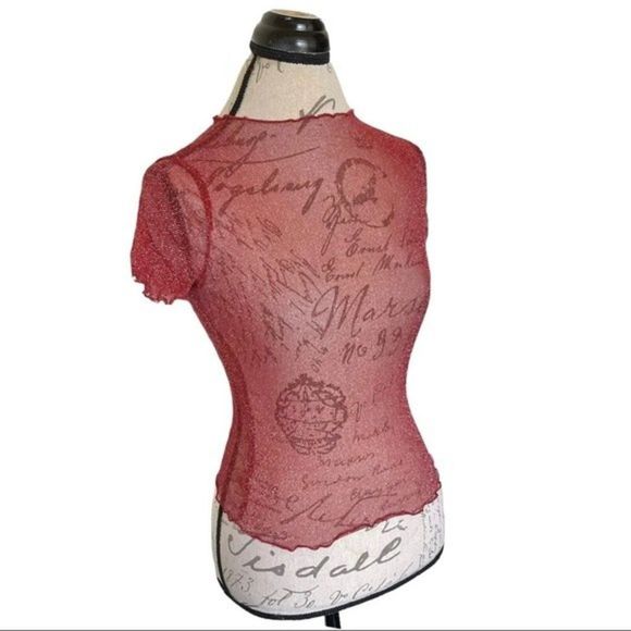 Shein Red Sheer Holiday Blouse Top - Picture 2 of 12